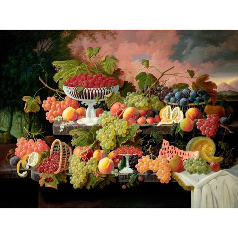 Two-Tiered Still Life with Fruit and Sunset Landscape White Modern Wood Framed Art Print by Roesen, Severin