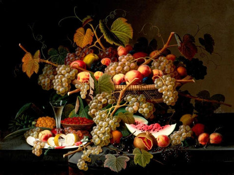 Still Life with Fruit Black Ornate Wood Framed Art Print with Double Matting by Roesen, Severin