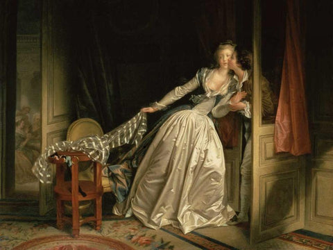 The Stolen Kiss Black Ornate Wood Framed Art Print with Double Matting by Fragonard, Jean-Honore