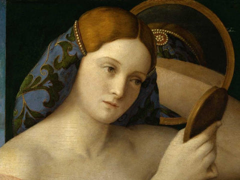 Giovane donna allo specchio Black Ornate Wood Framed Art Print with Double Matting by Bellini, Giovanni