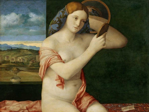 Giovane donna allo specchio White Modern Wood Framed Art Print with Double Matting by Bellini, Giovanni