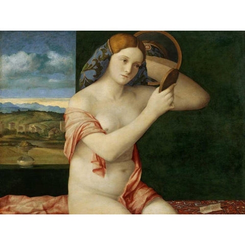 Giovane donna allo specchio Gold Ornate Wood Framed Art Print with Double Matting by Bellini, Giovanni