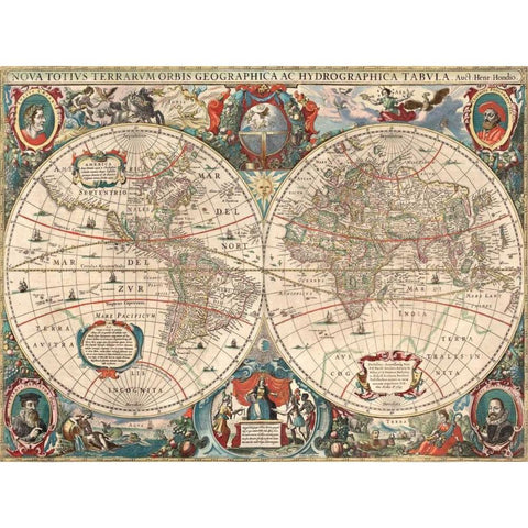 Nova totius Terrarum Orbis geographica ac hydrographica tabula White Modern Wood Framed Art Print by Hondius, Hendrik