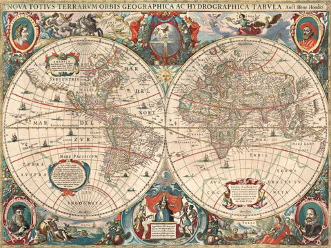 Nova totius Terrarum Orbis geographica ac hydrographica tabula White Modern Wood Framed Art Print with Double Matting by Hondius, Hendrik