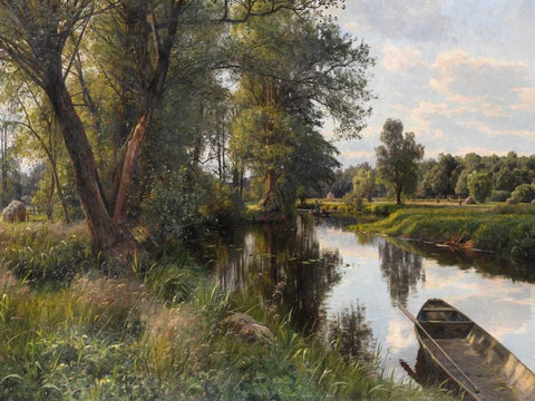 Sommer landskab White Modern Wood Framed Art Print with Double Matting by Monsted, Peder