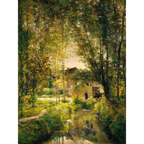 Landscape with a Sunlit Stream  Black Modern Wood Framed Art Print by Daubigny, Charles-Francois