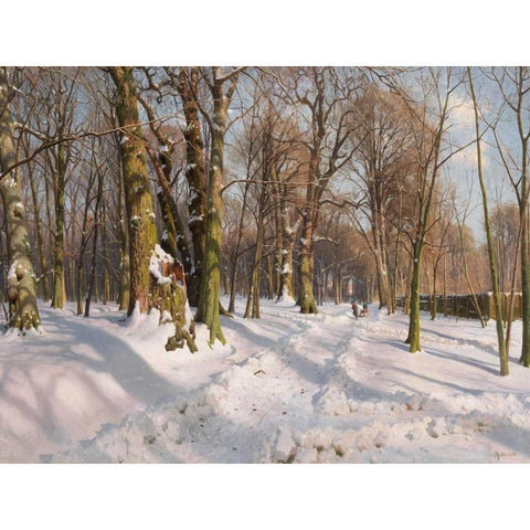 Snowy forest road in sunlight White Modern Wood Framed Art Print by Monsted, Peder
