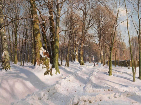 Snowy forest road in sunlight Black Ornate Wood Framed Art Print with Double Matting by Monsted, Peder