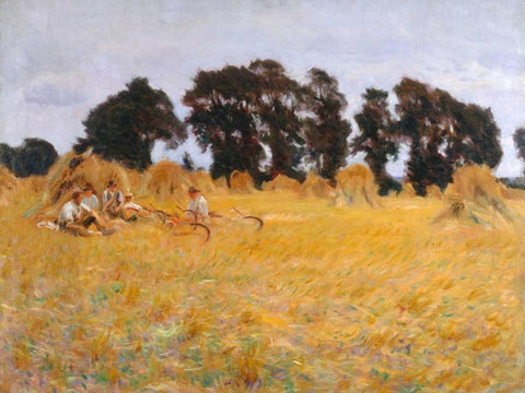 Reapers resting in a Wheat Field  White Modern Wood Framed Art Print with Double Matting by Sargent, John Singer