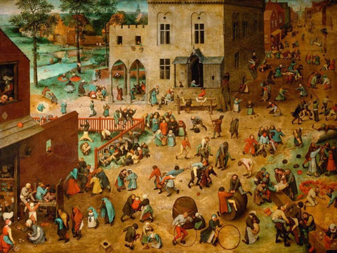 Childrenâ€™s Games Black Ornate Wood Framed Art Print with Double Matting by Bruegel the Elder, Pieter
