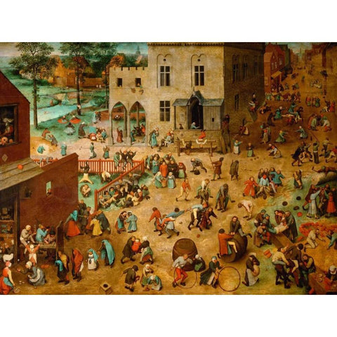 Childrenâ€™s Games Black Modern Wood Framed Art Print by Bruegel the Elder, Pieter