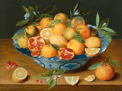 Still Life with Lemons - Oranges and a Pomegranate White Modern Wood Framed Art Print with Double Matting by van Hulsdonck, Jacob