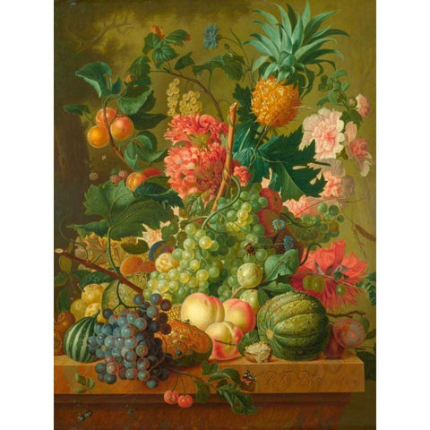 Fruit and Flowers White Modern Wood Framed Art Print by van Brussel, Paulus Theodorus