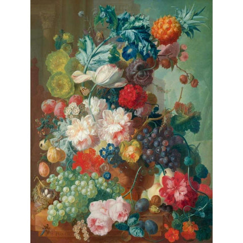 Fruit and Flowers in a terracotta Vase Black Modern Wood Framed Art Print with Double Matting by Van Os, Jan