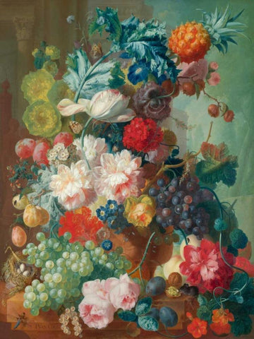 Fruit and Flowers in a terracotta Vase White Modern Wood Framed Art Print with Double Matting by Van Os, Jan