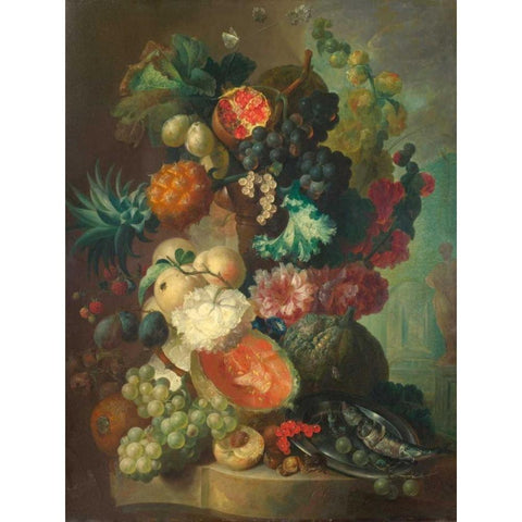 Fruit, flowers and a fish White Modern Wood Framed Art Print by Van Os, Jan