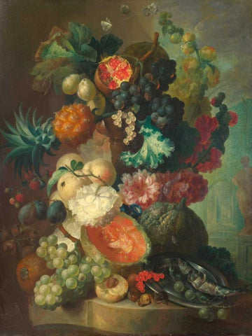Fruit, flowers and a fish White Modern Wood Framed Art Print with Double Matting by Van Os, Jan
