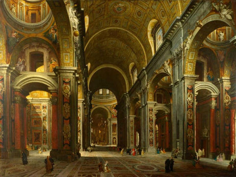 The interior of St Peters, Rome White Modern Wood Framed Art Print with Double Matting by Paolo Panini, Giovanni