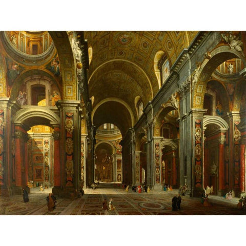 The interior of St Peters, Rome Black Modern Wood Framed Art Print by Paolo Panini, Giovanni