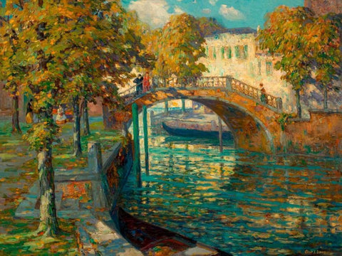 Overlooking the canal Black Ornate Wood Framed Art Print with Double Matting by Linde, Ossip Leonovitch