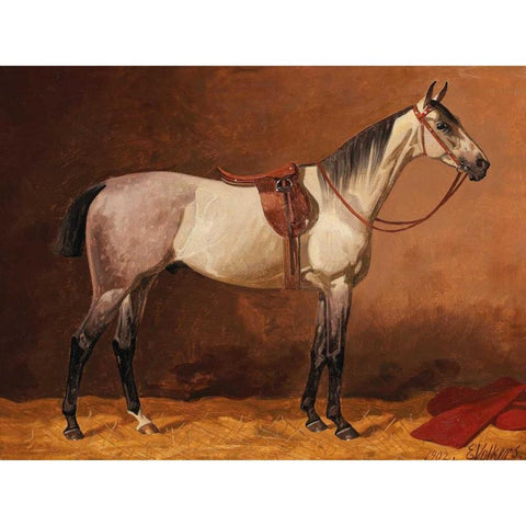 Saddled sport horse White Modern Wood Framed Art Print by Volkers, Emil