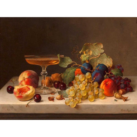 Still life with summer fruits and champagne Gold Ornate Wood Framed Art Print with Double Matting by Preyer, Emilie