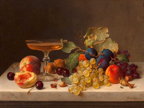 Still life with summer fruits and champagne Black Ornate Wood Framed Art Print with Double Matting by Preyer, Emilie