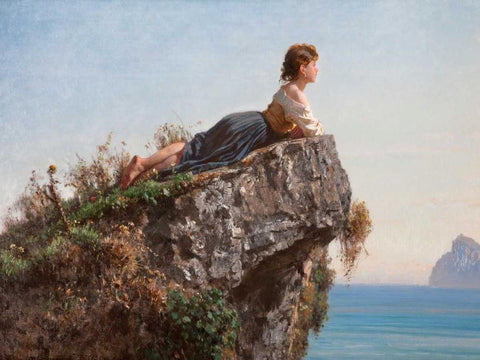 La fanciulla sulla roccia a Sorrento White Modern Wood Framed Art Print with Double Matting by Palizzi, Filippo