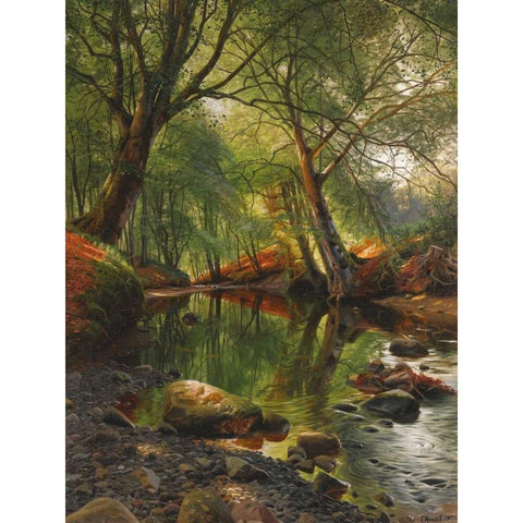 A woodland stream Gold Ornate Wood Framed Art Print with Double Matting by MÃ¸nsted, Peder MÃ¸rk