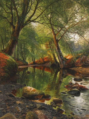 A woodland stream Black Ornate Wood Framed Art Print with Double Matting by MÃ¸nsted, Peder MÃ¸rk