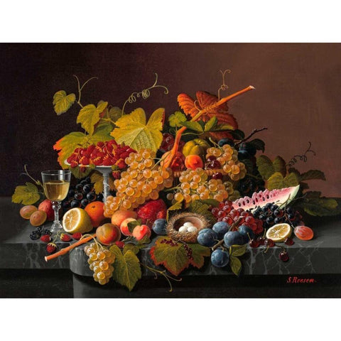 Still life with fruit and birds nest Gold Ornate Wood Framed Art Print with Double Matting by Roesen, Severin