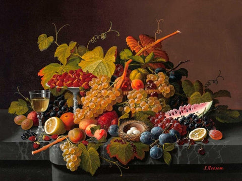 Still life with fruit and birds nest White Modern Wood Framed Art Print with Double Matting by Roesen, Severin