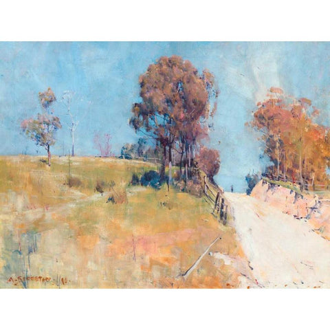 Sunlight (Cutting on a hot road) White Modern Wood Framed Art Print by Streeton, Arthur