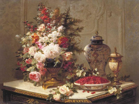 Floral composition on a table (detail) Black Ornate Wood Framed Art Print with Double Matting by Robie, Jean-Baptiste