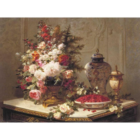 Floral composition on a table (detail) White Modern Wood Framed Art Print by Robie, Jean-Baptiste