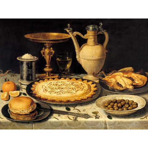 Still life with a tart- roast chicken- bread- rice and olives White Modern Wood Framed Art Print by Peeters, Clara