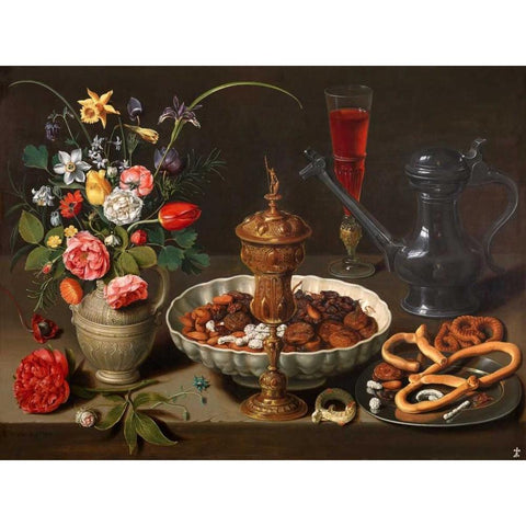 Still Life of Flowers and Dried Fruit Black Modern Wood Framed Art Print with Double Matting by Peeters, Clara