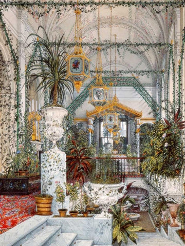 Interiors of the Winter Palace: the Winter Garden Black Ornate Wood Framed Art Print with Double Matting by Ukhtomsky, Konstantin Andreyevich