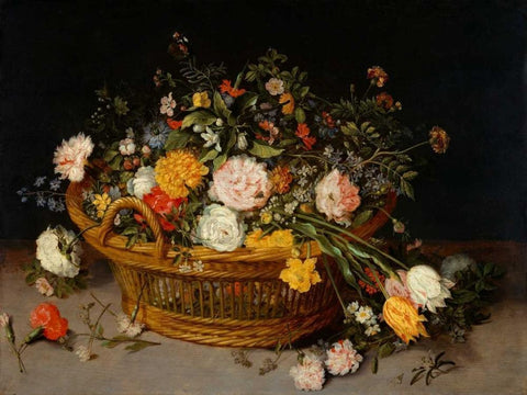 A Basket of Flowers Black Ornate Wood Framed Art Print with Double Matting by Bruegel the Younger, Jan