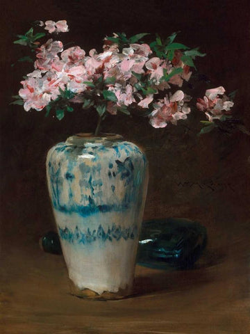 Pink Azalea â€“ Chinese Vase Black Ornate Wood Framed Art Print with Double Matting by Merritt Chase, William