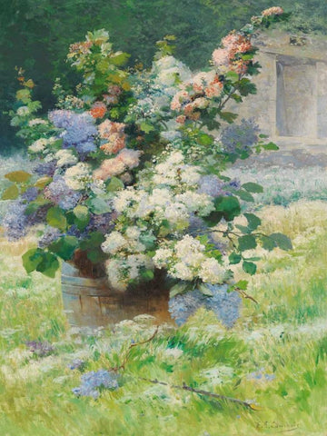 Fliederzweige und Stockrosen Black Ornate Wood Framed Art Print with Double Matting by Cauchois, Eugene Henri