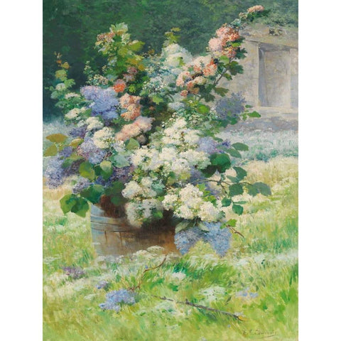 Fliederzweige und Stockrosen Gold Ornate Wood Framed Art Print with Double Matting by Cauchois, Eugene Henri