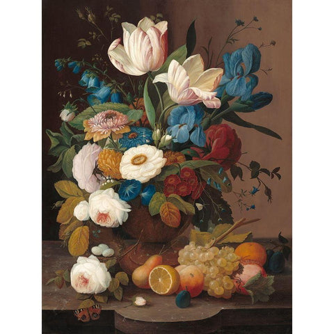 Still Life, Flowers, and Fruit Black Modern Wood Framed Art Print with Double Matting by Severin, Roesen