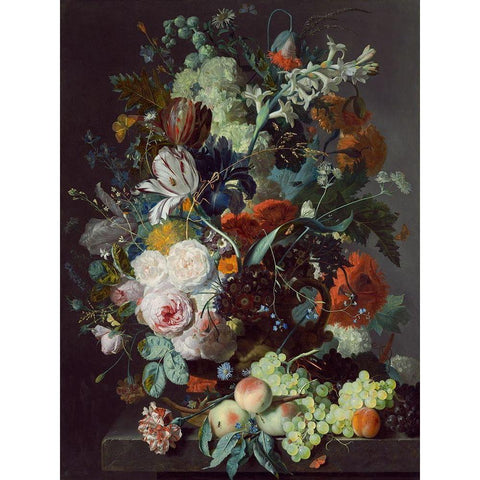 Still Life with Flowers and Fruit Gold Ornate Wood Framed Art Print with Double Matting by Jan, van Huysum