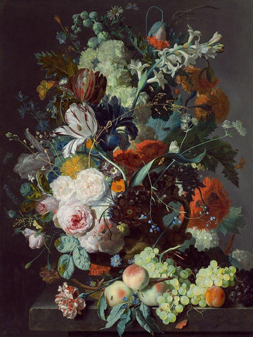 Still Life with Flowers and Fruit Black Ornate Wood Framed Art Print with Double Matting by Jan, van Huysum