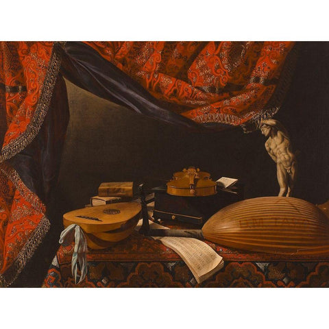 Still Life with Musical Instruments, Books and Sculpture Black Modern Wood Framed Art Print with Double Matting by Evaristo, Baschenis