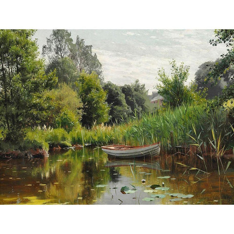 A forest lake with a rowboat Black Modern Wood Framed Art Print with Double Matting by Monsted, Peder Mork