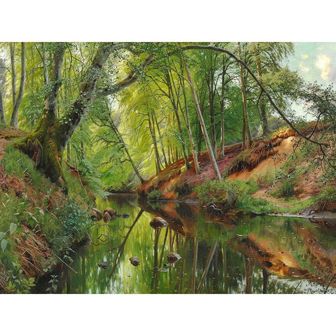 A stream in the forest Gold Ornate Wood Framed Art Print with Double Matting by Monsted, Peder Mork