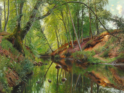 A stream in the forest White Modern Wood Framed Art Print with Double Matting by Monsted, Peder Mork