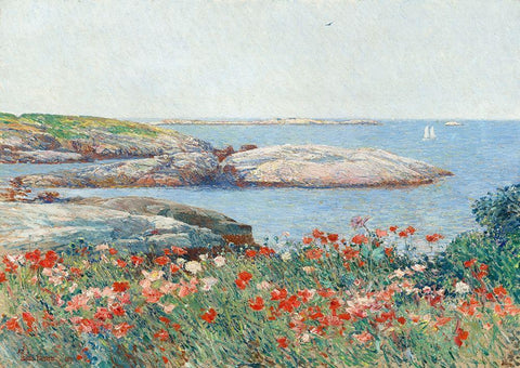 Poppies- Isles of Shoals Black Ornate Wood Framed Art Print with Double Matting by Hassam, Childe